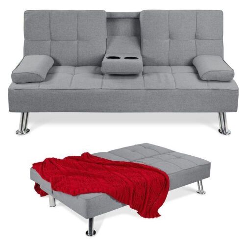 Linen Upholstered Convertible Sofa Bed Futon w/ 2 Cupholders  - Lot 39
