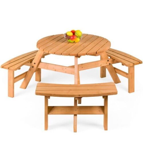 6-Person Circular Wooden Picnic Table w/ Umbrella Hole, 3 Benches  - Lot 68