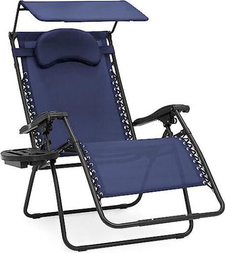 Oversized Zero Gravity Reclining Lounge Patio Chair w/ Folding Canopy Shade and Cup Holder - Navy - Lot 472