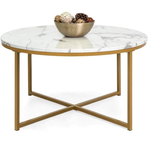 Round Coffee Table w/ Faux Marble Top, Metal Frame - 36in  - Lot 117
