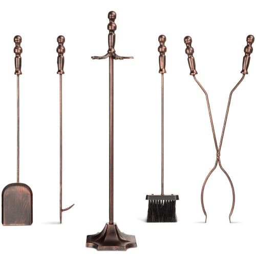 5-Piece Fireplace and Firepit Iron Tool Set w/ Tongs, Poker, Broom, Shovel, Stand - Copper - Lot 121