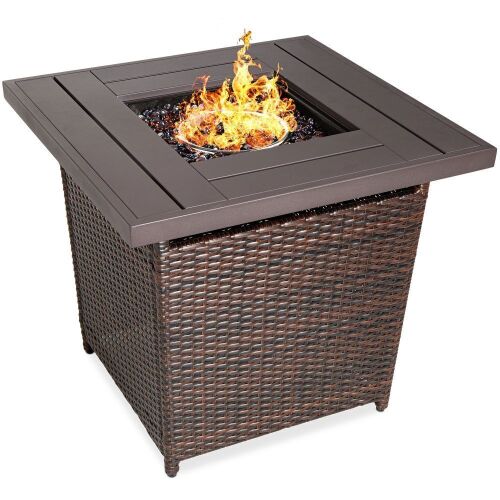 28in Fire Pit Table 50,000 BTU Wicker Propane w/ Faux Wood Tabletop, Cover  - Lot 72