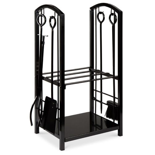 5-Piece Firewood Log Rack Holder Tools Set w/ Hook, Broom, Shovel, Tongs  - Lot 612