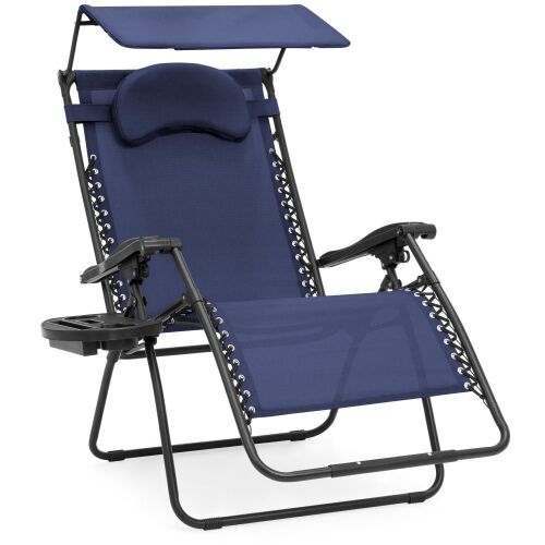 Oversized Zero Gravity Reclining Lounge Patio Chair w/ Folding Canopy Shade and Cup Holder - Navy - Lot 266