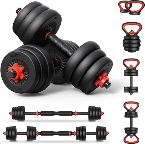 PINROYAL 4 in 1 Adjustable Dumbbell Set, 88LB Free Weights Dumbbells Set with Connecting Rod Used as Barbell, Non-slip Handles & Base for Kettlebells - Lot 63