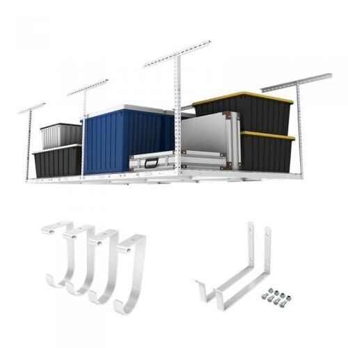 Fleximounts 4' x 8' Height Adjustable Ceiling Storage Rack with Hook Set, White  - Lot 87
