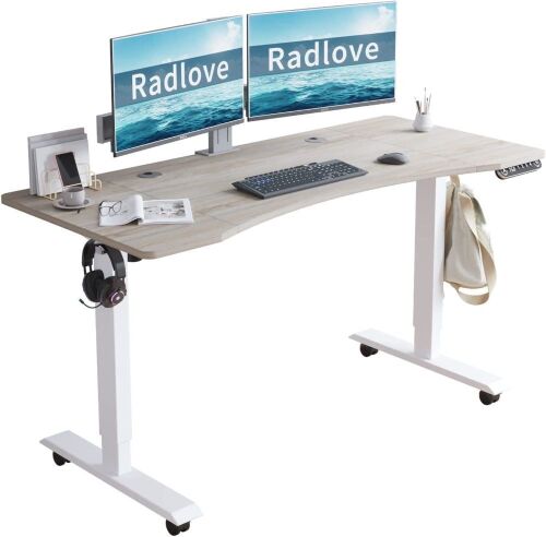 Radlove Electric Height Adjustable Standing Desk with Splice Board and Under Desk Cable Management Tray, 55 x 30, White Frame/Oak Top - Lot 77