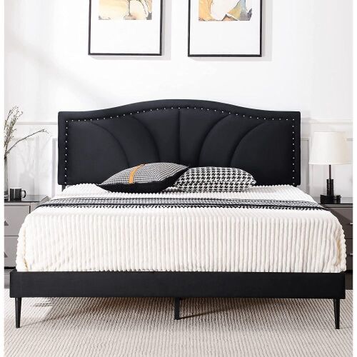 AsKmore Full Size Velvet Upholstered Platform Bed with Decorative Nailhead Trim Headboard - Lot 186