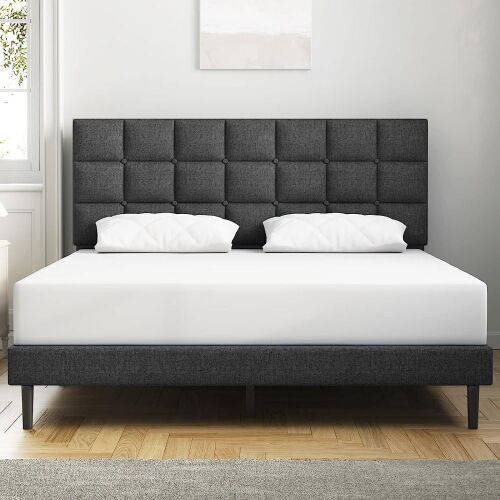 Molblly Queen Bed Frame Upholstered Platform with Headboard and Strong Wooden Slats, Dark Gray  - Lot 196