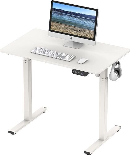 SHW Small Electric Height Adjustable Standing Desk with Hanging Hooks and Cable Management, 40 x 24 Inches, White  - Lot 129
