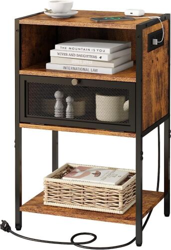 SOOWERY Nightstand with Charging Station, 3 Tiers Storage Space and Door, Brown - Lot 276