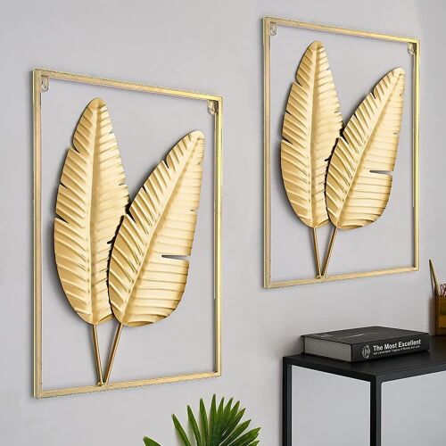 HKaikzo Gold Metal Leaf Wall Hanging Home Decor with Frame, 24" X 16", Set of 2  - Lot 381