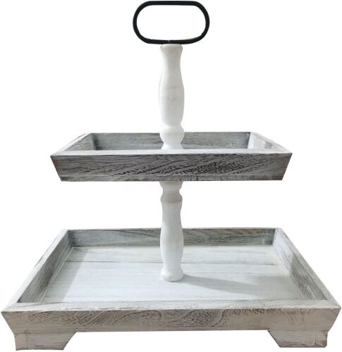 CRAZYMOTO 2 Tier Wooden Rustic Farmhouse Tiered Tray Stand  - Lot 383