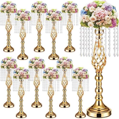 12 Pcs Wedding Centerpieces 19.3 inch Crystal Gold Flower Holders with Chandelier  - Lot 609