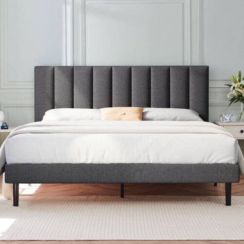 Molblly Full Size Upholstered Platform Bed Frame with Headboard, Dark Gray - Missing Wood Slats  - Lot 782