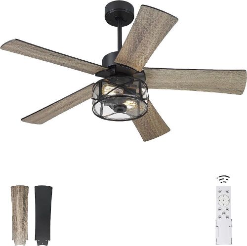 YOUKAIN 48 Inch Industrial Ceiling Fan with Light and Remote Control, Clear Glass, 5-Reversible Blades with Matte Black/Wooden Finish - Lot 300