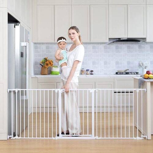 COMOMY 30"-80" Extra Wide Baby Gate, Adjustable 3 Metal Panels, Hardware Mounted, 30" Tall, White - Lot 448