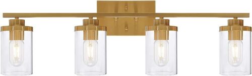 eluze 4-Light Industrial Brushed Brass Bathroom Light Fixture with Clear Glass Shades - Lot 134