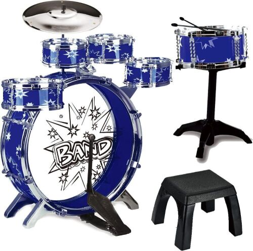 ToyVelt 12 Piece Kids Jazz Drum Set, 6 Drums, Cymbal, Chair, Kick Pedal, 2 Drumsticks, Stool  - Lot 556