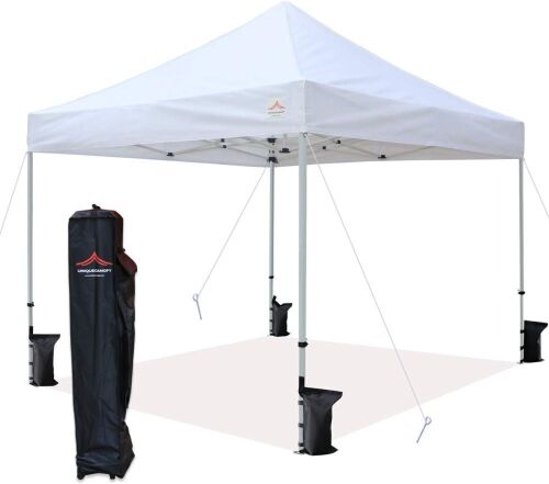 UNIQUECANOPY 10'x10' Ez Pop Up Canopy Tent Commercial Instant Shelter with Heavy Duty Roller Bag, 4 Canopy Sand Bags - Lot 739