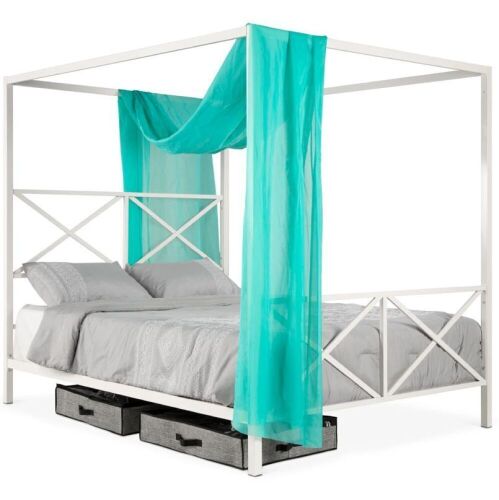 4-Post Queen Size Modern Metal Canopy Bed Frame w/ Headboard, Footboard - Missing Hardware  - Lot 11