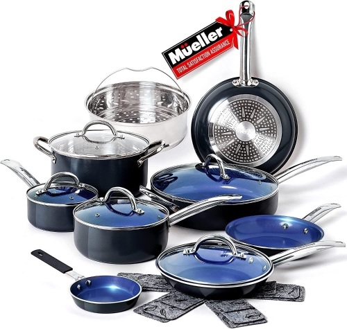 Mueller UltraClad Sapphire Pots and Pans Set Nonstick, 14 Piece Induction Cookware Sets, Aluminum Body, Includes Non Stick Frying Pans, Deep Frying Pan, Sauce Pans for Cooking, Dutch Oven and More - Lot 6719
