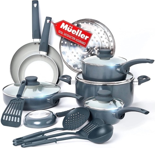Mueller Pots and Pans Set Nonstick 16-Piece Healthy Stone Kitchen Cookware Sets - PFOS, PFOA Free, Stainless Steel Steamer, Butter Warmer, Deep Fry Pan, Sauce Pan, Pot, Vented Glass Lids, Light Grey - Lot 6721