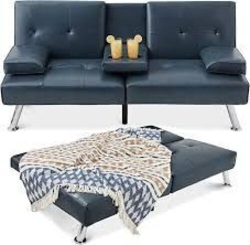 Faux Leather Upholstered Convertible Sofa Bed Futon w/ 2 Cupholders - Lot 6924