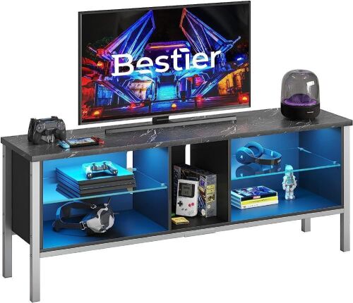 Bestier Modern Marble Entertainment Center with LED Lights, Glass Shelves  - Lot 99