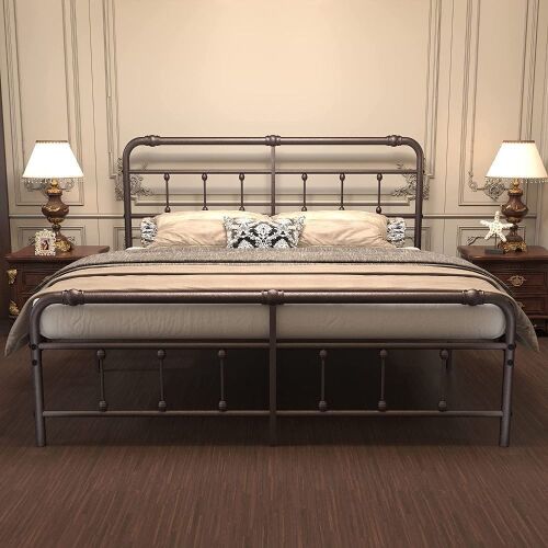 Debercu Cal-King Victorian Vintage Heavy Duty Metal Platform Bed Frame with Headboard and Footboard, Brown  - Lot 140