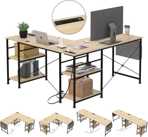 Tbfit L Shaped Desk with Storage Shelves, 90.5 Inch  - Lot 543