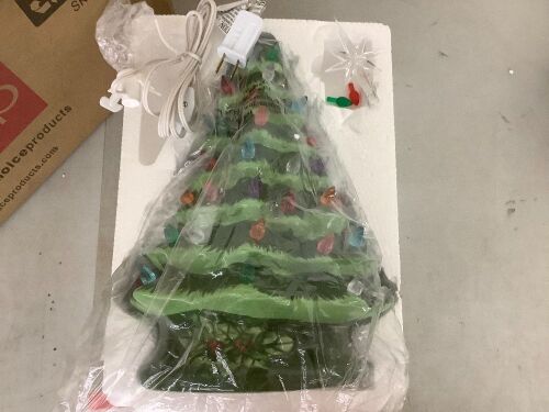 15in Pre-lit Hand-Painted Ceramic Tabletop Christmas Tree Holiday Decoration w/ 64 Multicolored Lights - Star Cracked - Lot 373