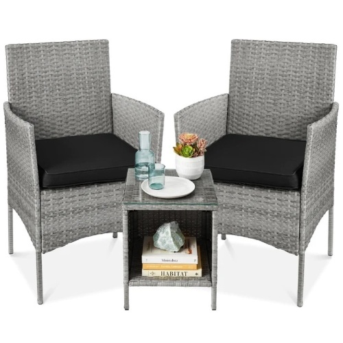 3-Piece Outdoor Patio Wicker Bistro Set w/ Side Storage Table - Lot 6429
