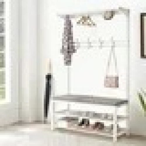 Entryway Shoe Bench, 3 in 1 Coat Rack With Bench, Entryway Bench with Coat Rack with Shoe Rack Hallway Bench Hall Tree with Bench, White - Lot 6614
