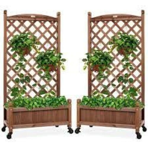 Set of 2 Wood Planter Box & Lattice Trellis w/ Optional Wheels - 48in - Lot 7233