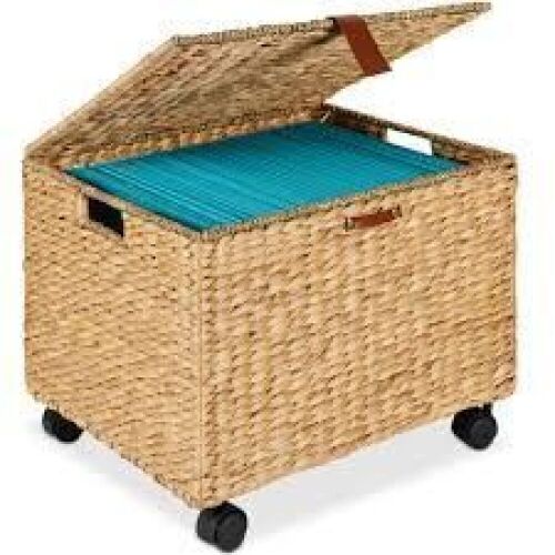 Mobile Water Hyacinth Rolling Filing Cabinet Storage Basket w/ Lid, Wheels - Lot 7249