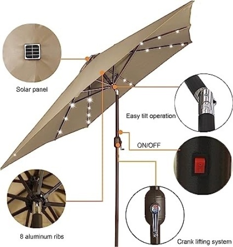 Blissun Square Patio Umbrella with 28 LED Lights, Solar Umbrella Table Market Umbrella with Tilt and Crank Outdoor Umbrella - Lot 7319