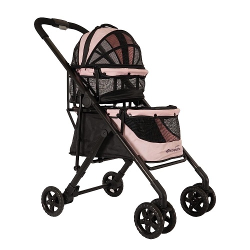 Pet Stroller 2 in 1 for Travel, Easy to Fold Stroller for Dogs with Breathable Mesh Weather Cover, and Storage Basket, Durable, Safe 4 Wheels, Small Dog Stroller and Carriage Pink - Lot 7323