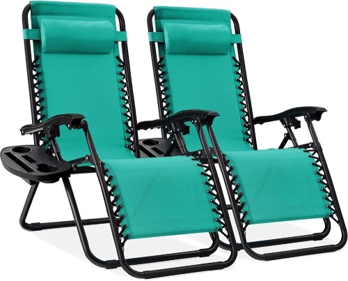 Set of 2 Adjustable Steel Mesh Zero Gravity Lounge Chair Recliners w/Pillows and Cup Holder Trays - Lot 7482