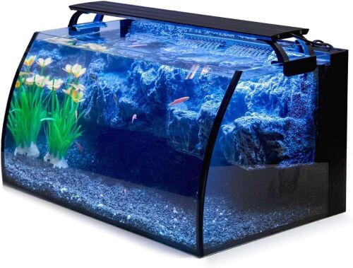 Hygger Horizon 8 Gallon LED Glass Aquarium Kit for Starters with 7W Power Filter Pump, 18W Colored LED Light, Wide View Curved Shape Fish Tank with Undetachable 3D Rockery Background Decor  - Lot 530