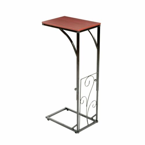 Adjustable Height Sofa Side End Table, Brown Wood Top Black Metal Scroll Design - Lot 250