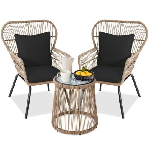 3-Piece Patio Wicker Conversation Bistro Set w/ 2 Chairs, Glass Top Table  - Lot 25