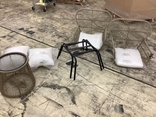 3-Piece Patio Wicker Conversation Bistro Set w/ 2 Chairs, Glass Top Table - No Screws or Washers  - Lot 156