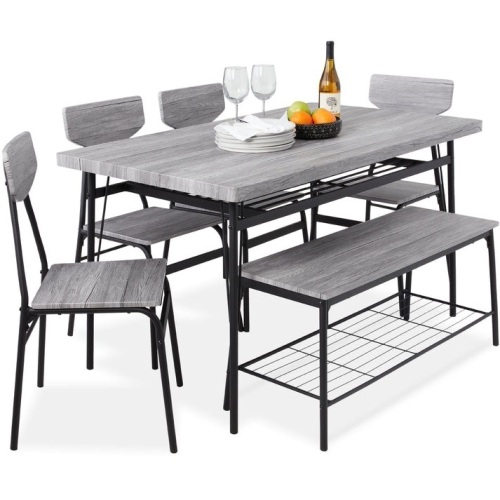 6-Piece Modern Dining Set w/ Storage Racks, Table, Bench, 4 Chairs - 55in  - Lot 47