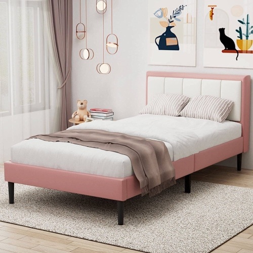 Konprosp Twin Bed Frame with Upholstered Headboard, Wooden Slats Support, Pink & White - Cut in Bottom Fabric  - Lot 447