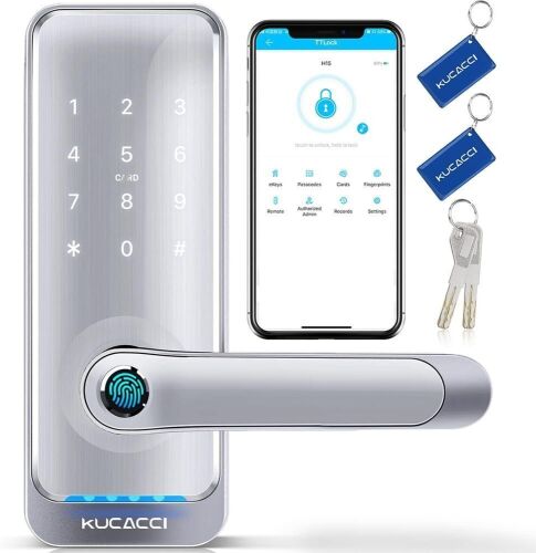 KUCACCI Smart Keyless Entry Door Lock with Handle, Keypad, Biometrics - Lot 542