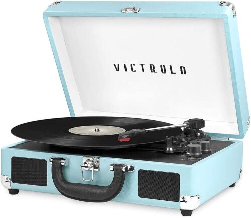 Victrola Vintage 3-Speed Bluetooth Portable Suitcase Record Player with Built-in Speakers, Turquoise - Lot 494