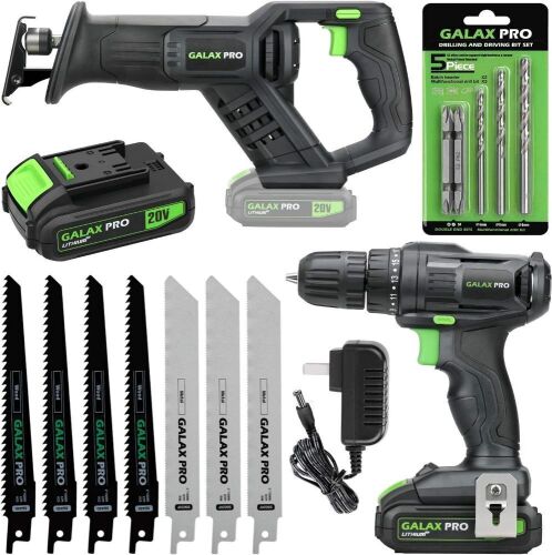 GALAX PRO 20 V Max Cordless Combo Kit, 20 N.m Impact Drill Driver, Reciprocating Saw 0-3000 SPM, 1.3 Ah Li-ion Battery Pack with Charger  - Lot 361