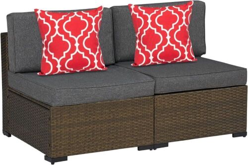 Kinsunny 2 Piece Outdoor Sectional Rattan Armless Loveseat Sofa, Thick Cushions - Lot 46