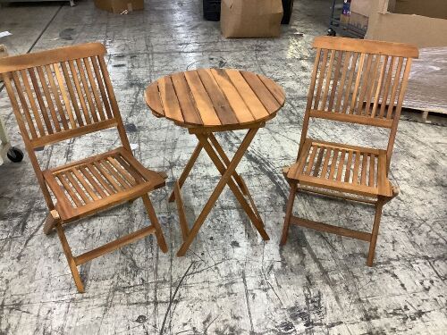 3-Piece Acacia Wood Bistro Set w/ Folding Table, 2 Chairs - One Chair has Split on Side - Lot 104